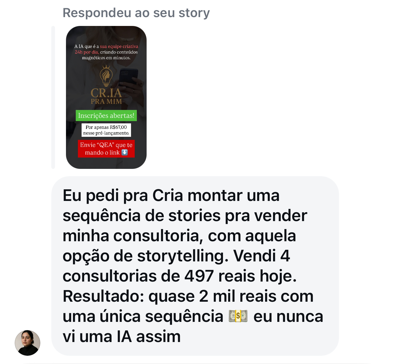 Depoimento de aluna sobre vendas após o workshop Cria com Claude